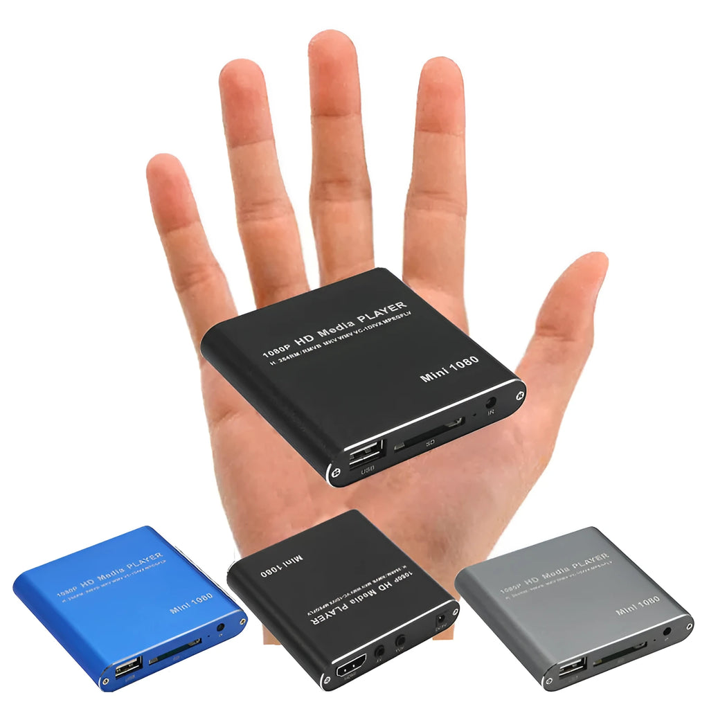 Compact black 1080P Full HD media player with ports for HDMI, USB, SD card, and power.