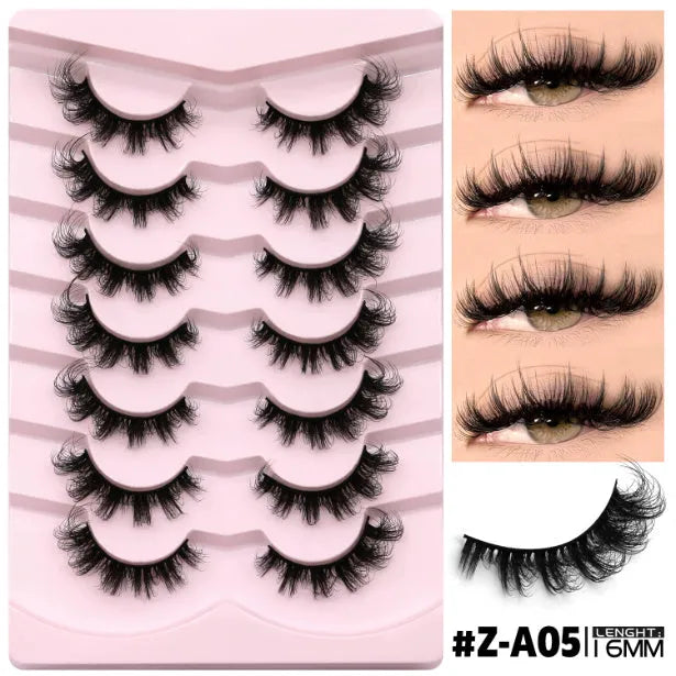 Box of artificial fibre false eyelashes with six style options and included adhesive tube