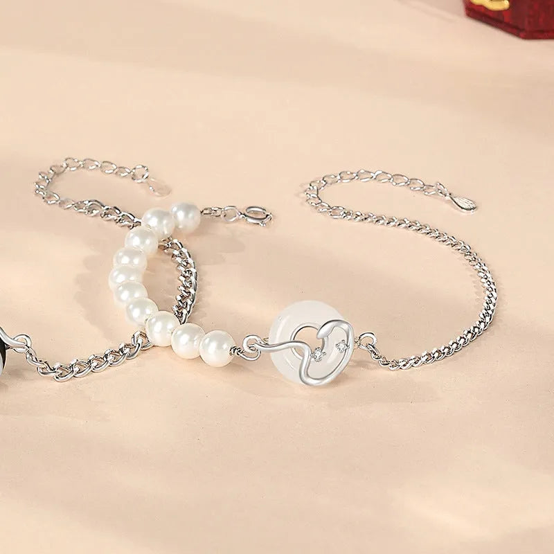 New Chinese style 925 sterling silver couple bracelet with obsidian pearl and snake zodiac design