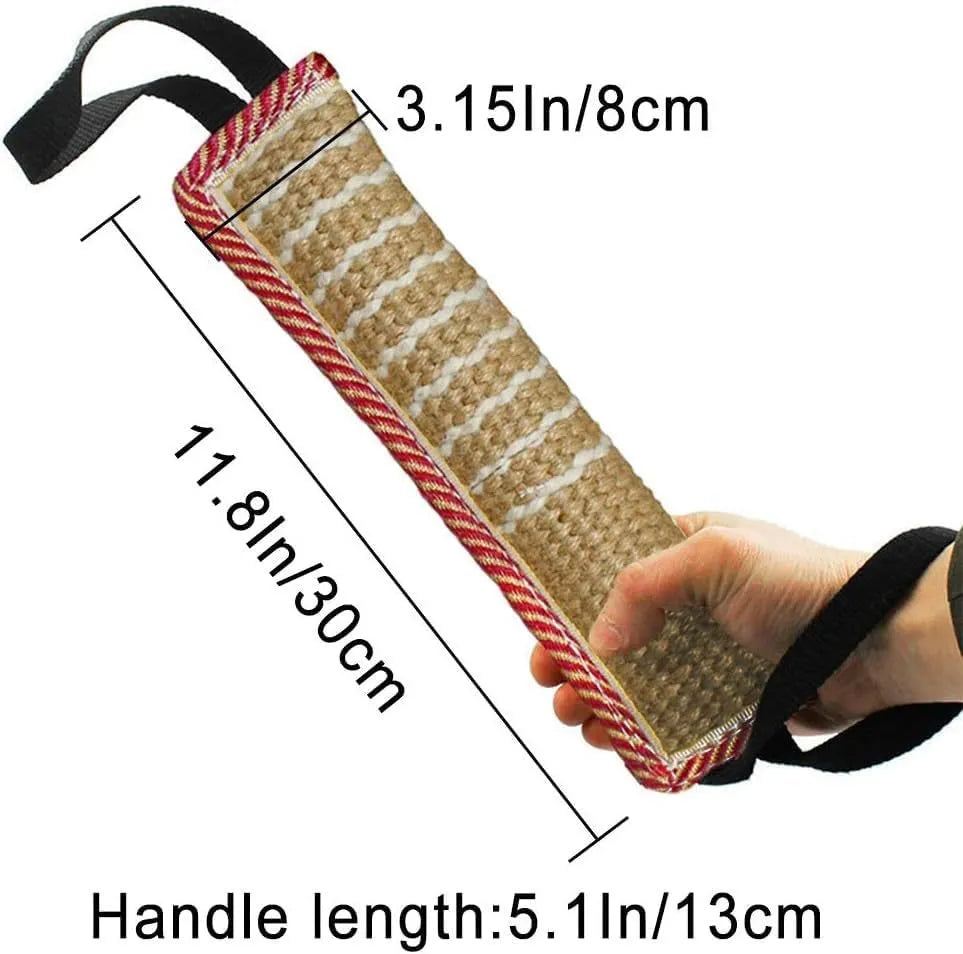 Beige jute dog tug toy with two fabric handles for interactive training exercises
