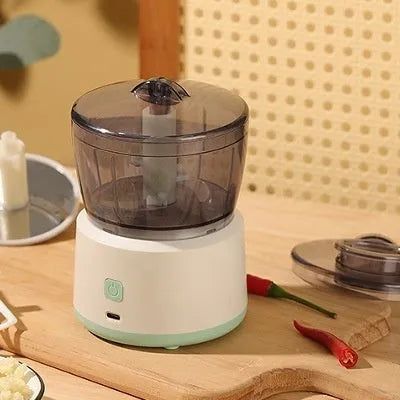 Mini electric meat grinder with transparent 225ml cup and stainless steel blades in light green or white