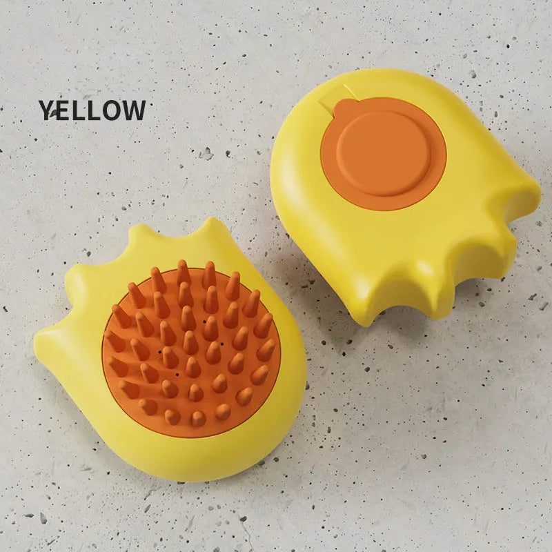 Blue pet bath brush with massage comb head and integrated shampoo box for washing dogs and cats.