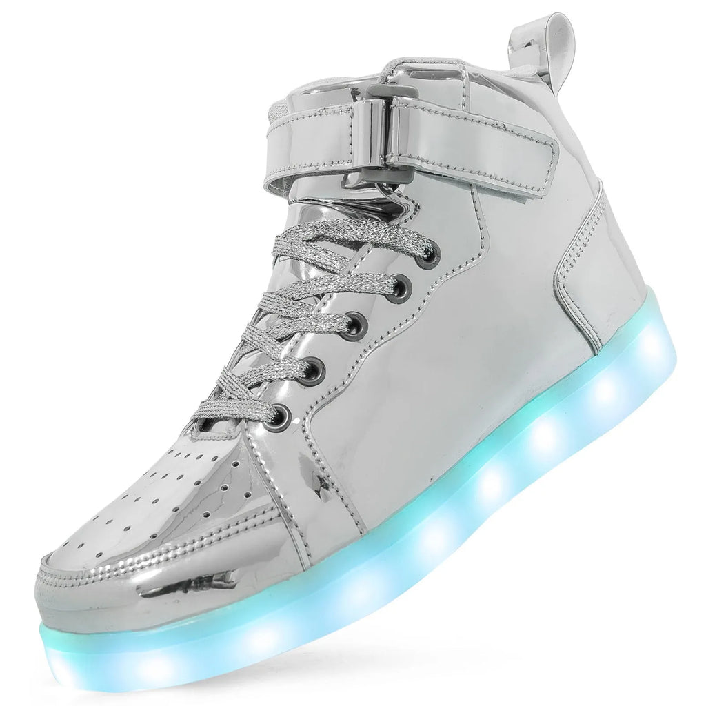 Black high-top LED light-up sneakers with velcro straps and a lit sole.