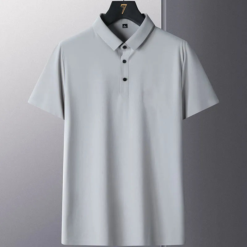 Men's solid colour non-ironing short sleeve shirt in a business casual style on a hanger.