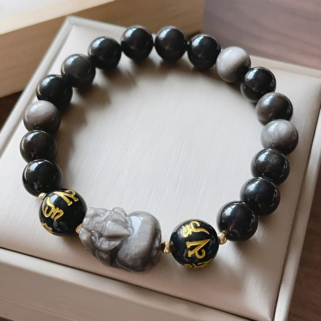 Men's natural silver stone bracelet with Chinese zodiac designs and proverb beading on adjustable band