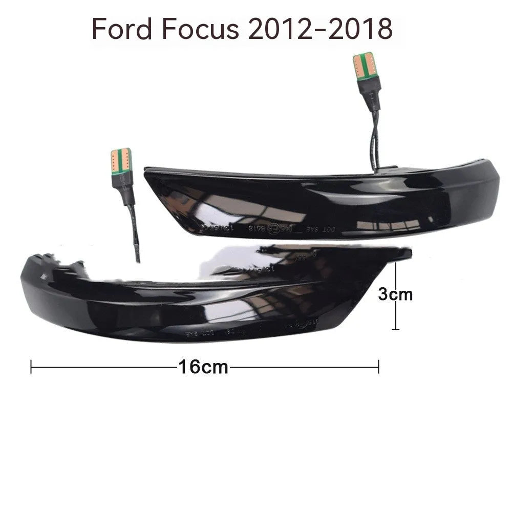 Pair of rearview mirror waterfall lights for Ford Focus and Mondeo showing sequential flow effect in yellow or two-tone blue.