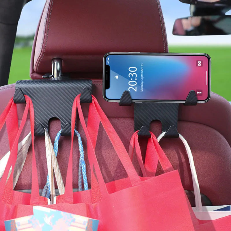 Black car multifunction hook with integrated phone holder for rear seat storage