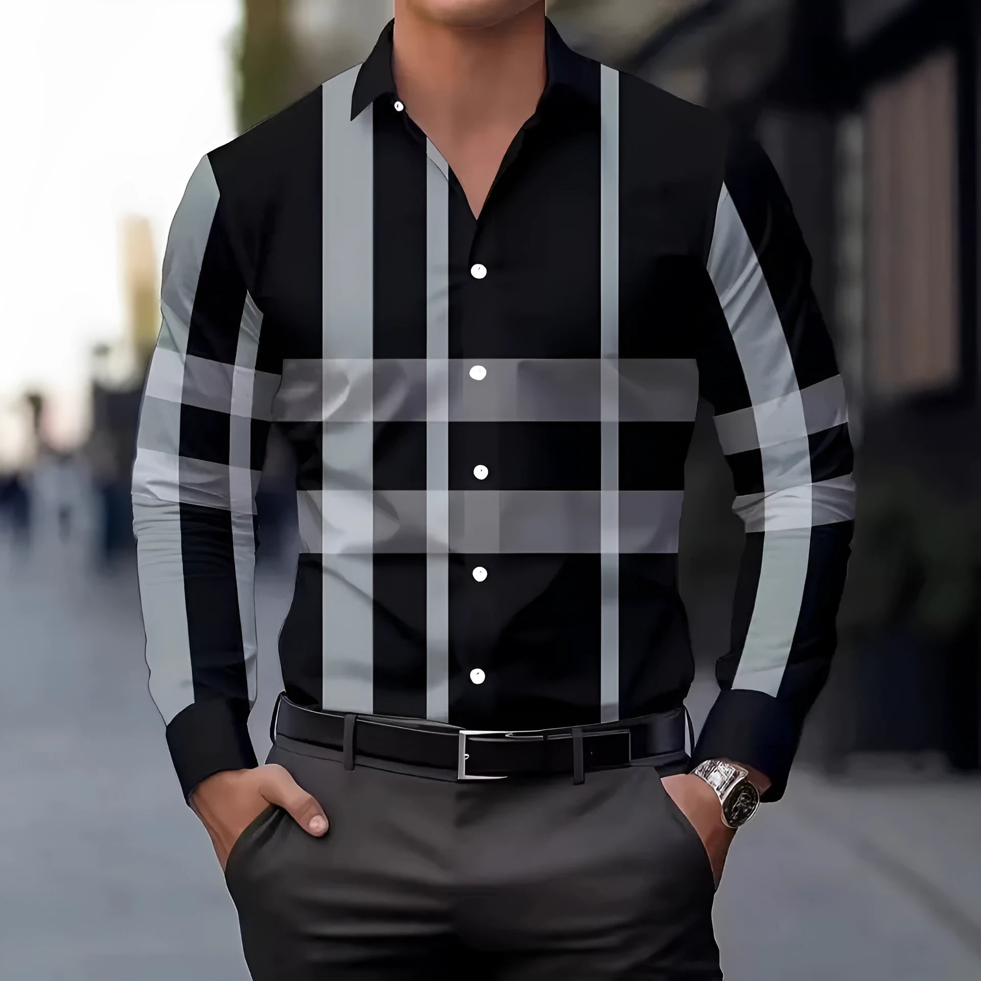 Men's striped button-up shirt with lapel collar in polyester fabric showing button details and sleeve construction