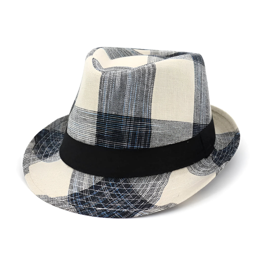 Blue and black polyester sun hat with bell crown for outdoor travel