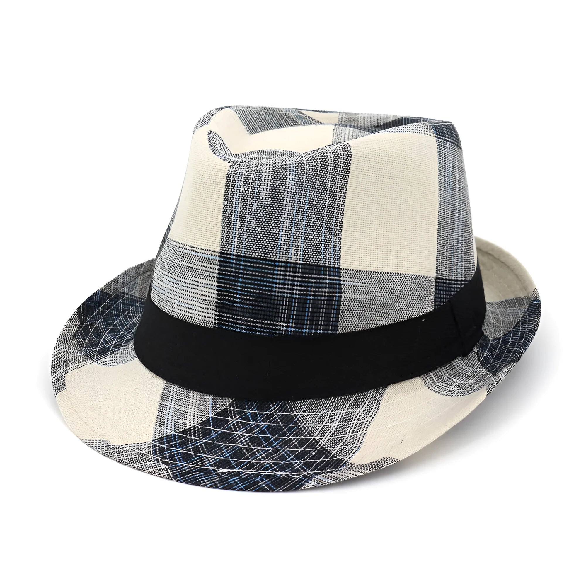Blue and black polyester sun hat with bell crown for outdoor travel