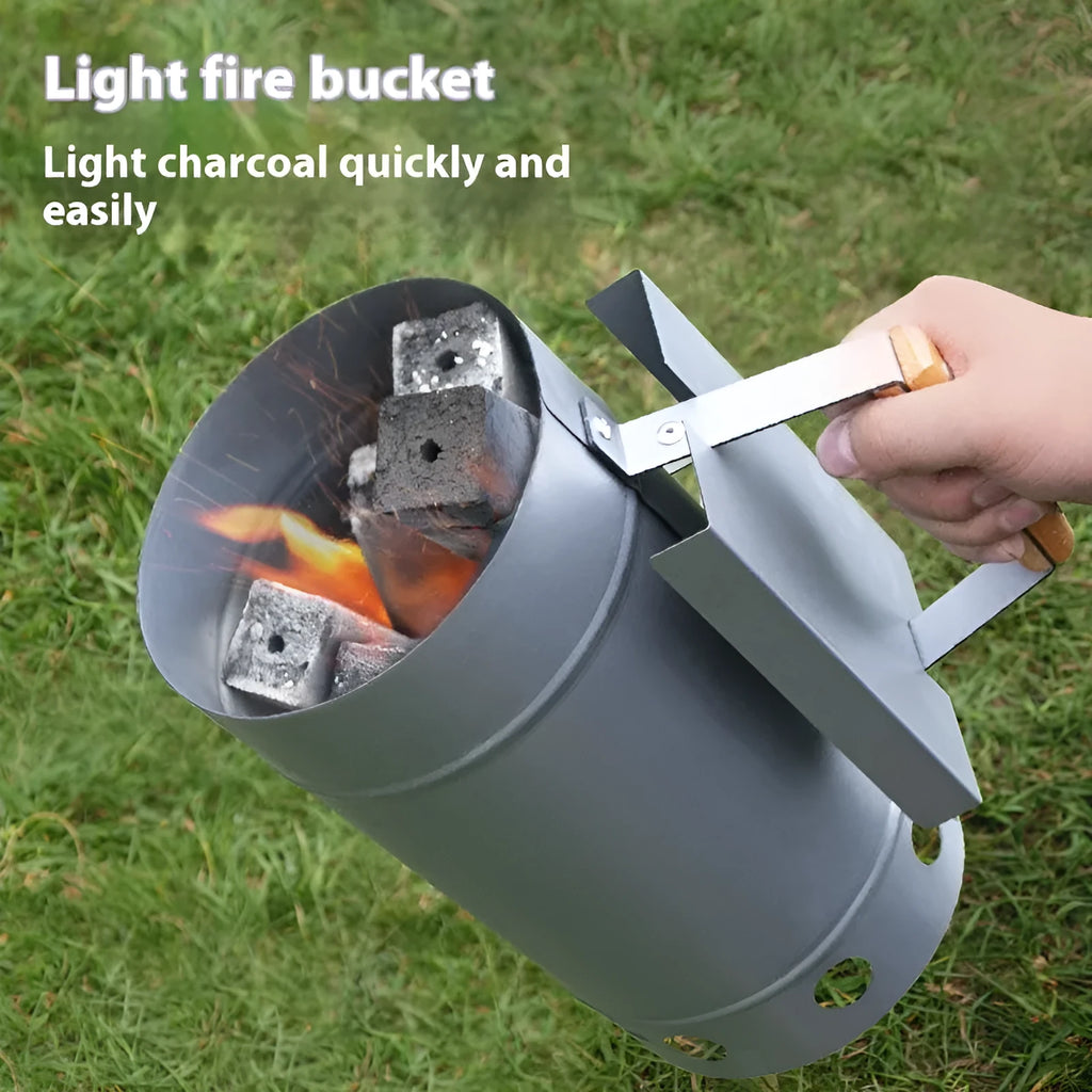 Zinc-iron alloy outdoor charcoal fire lighter with carbon bucket design for barbecues.