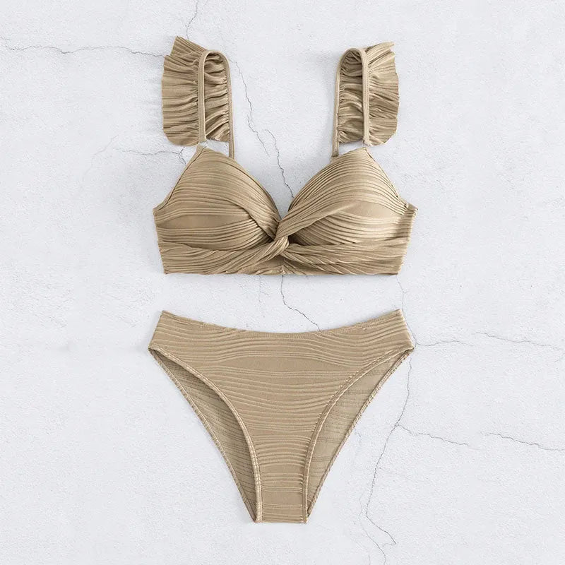 Women's solid colour bikini swimsuit in polyester fabric showing black and khaki colour options