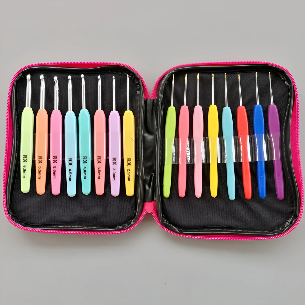 Complete 16-piece crochet hook set with soft and hard handles in PU storage bag