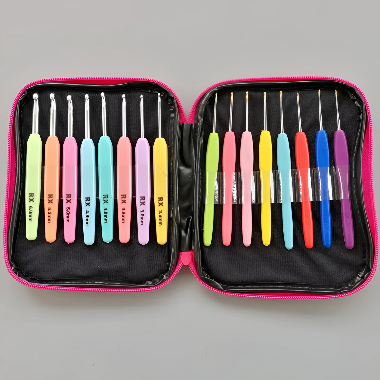 Complete 16-piece crochet hook set with soft and hard handles in PU storage bag