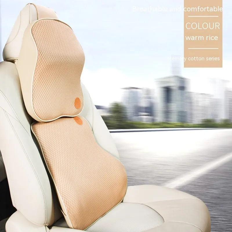 Black memory foam car headrest pillow and lumbar support pillow set on car seat