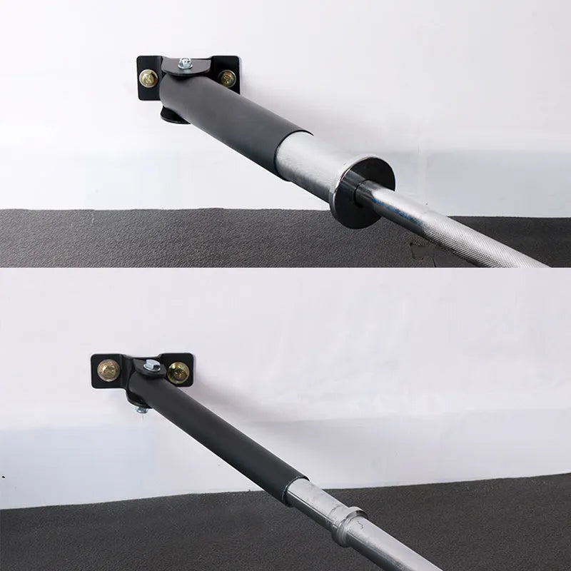 Steel wall-mounted rack holding multiple barbells vertically, showing 25 tube storage slots.