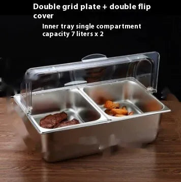 Stainless steel commercial dining plate display box with a removable lid and multiple inner compartments.