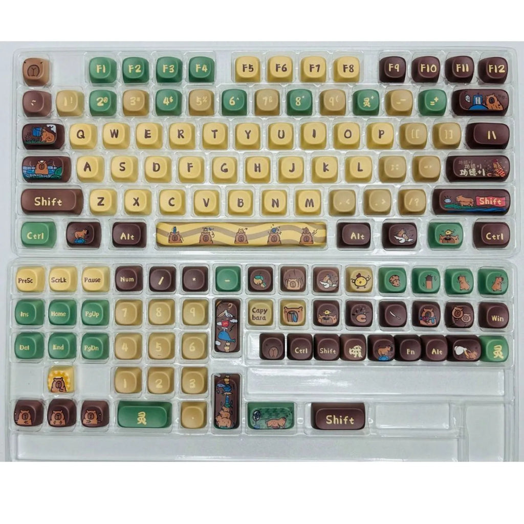 Capabala mechanical keyboard keycap set showing 130 double-shot ABS keys with uniform MOA height profile