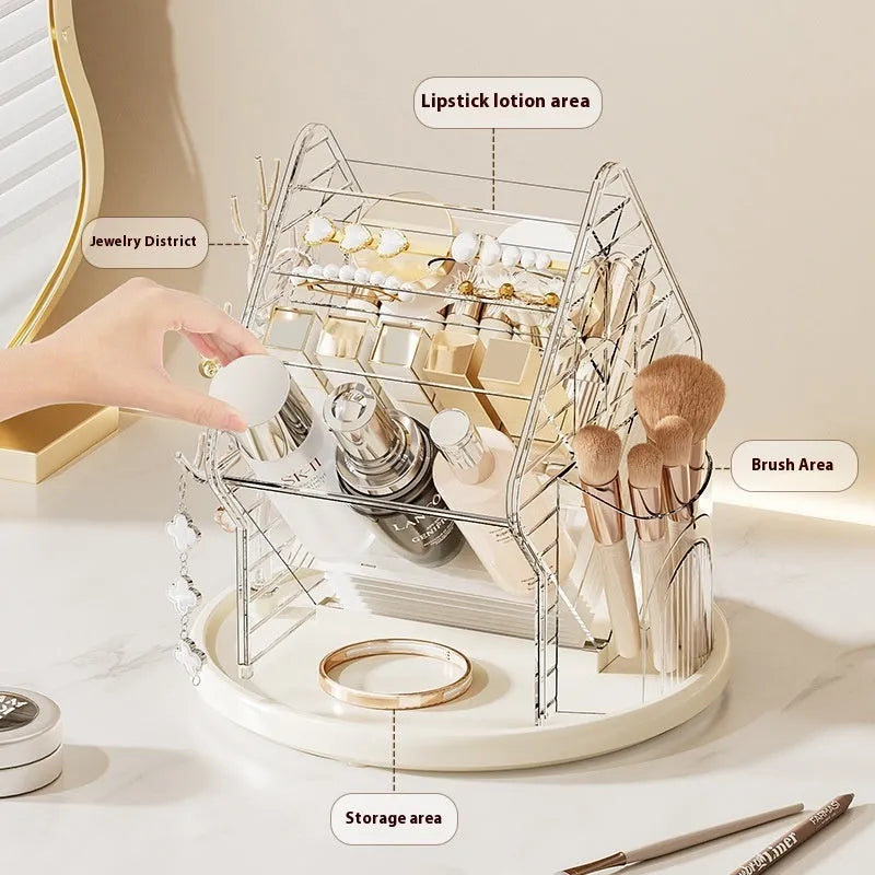 360-degree rotating cosmetics storage box in amber gold or clear plastic for makeup organisation
