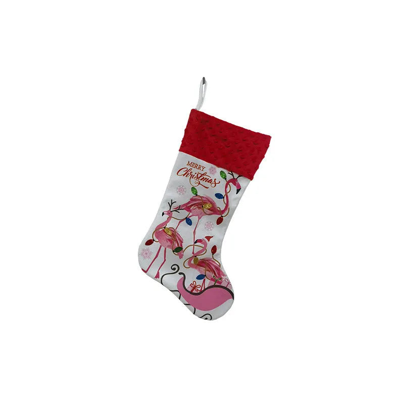 Flamingo Christmas stocking decoration in cloth fabric measuring 46cm by 28cm