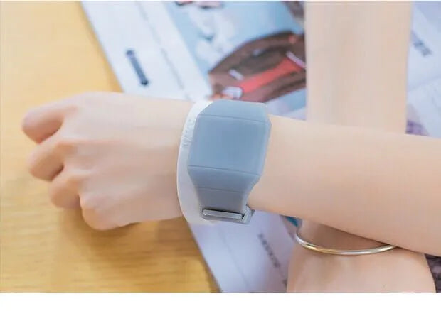 Square electronic watch with touch screen, plastic case, PU strap, and stainless steel buckle in multiple colour options