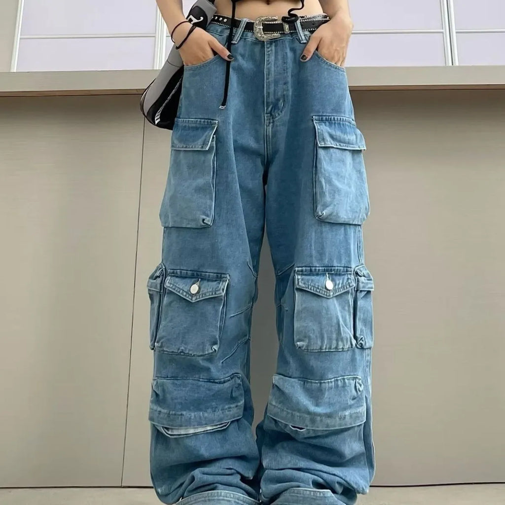 Women's high waist wide leg trousers in tie-dyed denim with multiple pockets and street hipster styling