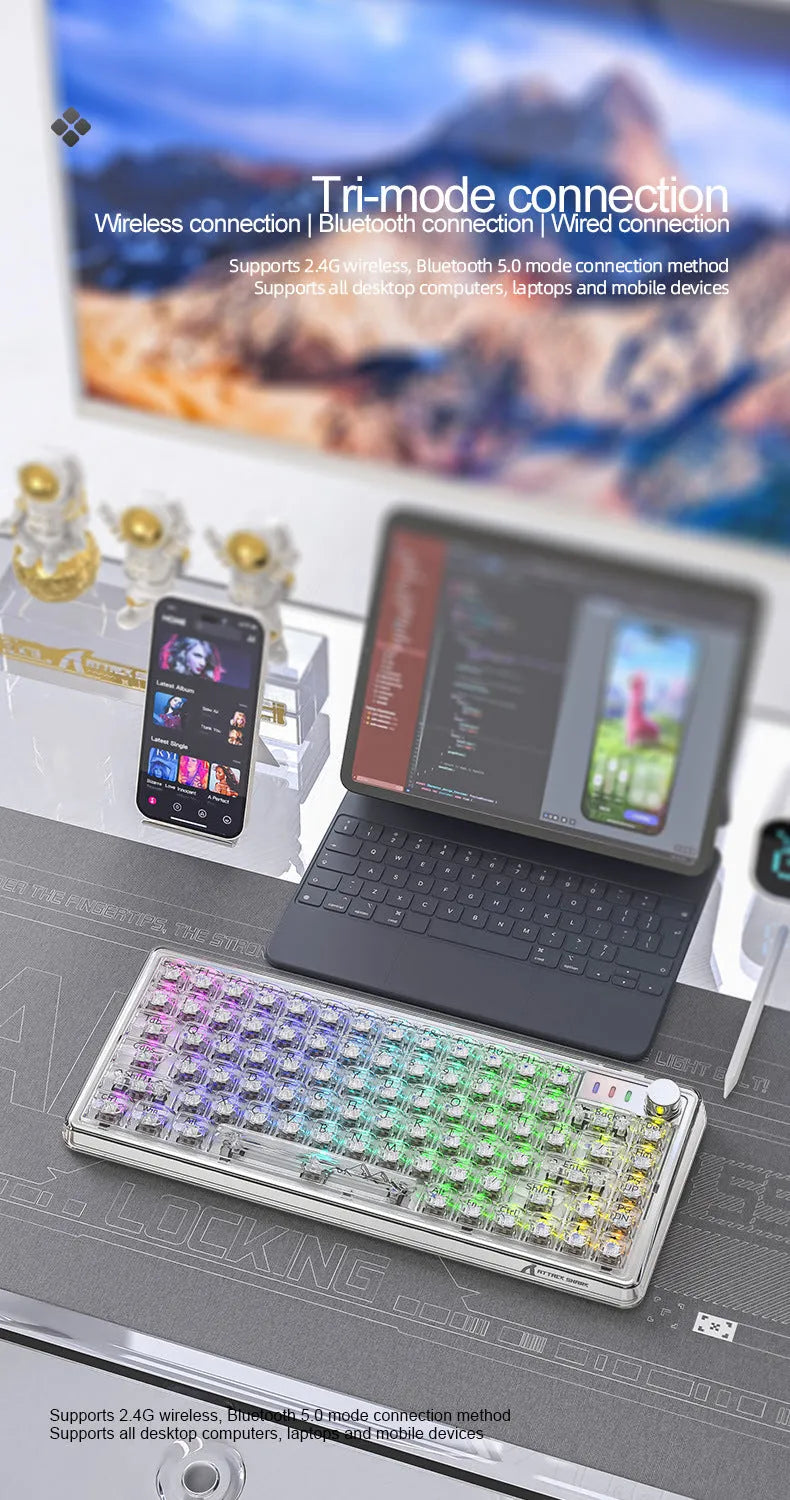 Attack Shark K75 wireless mechanical keyboard with transparent PC case and RGB backlighting.