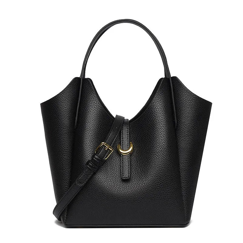 Genuine leather women's retro bucket handbag in beige colour showing sandwich pocket detail