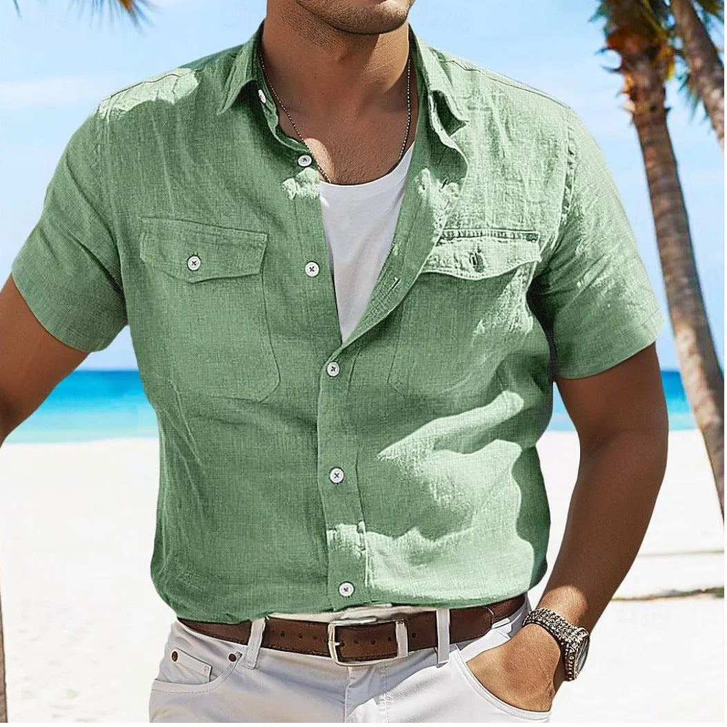 Men's cotton linen summer shirt with polo collar and long sleeves in loose fit style