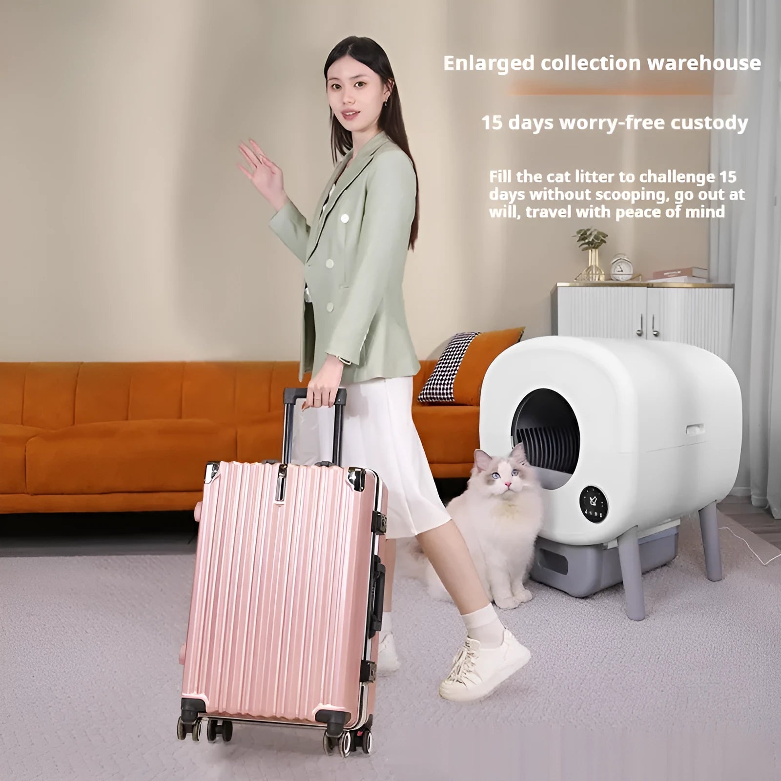 Automatic self-cleaning cat litter box with ABS plastic construction and deodorising system