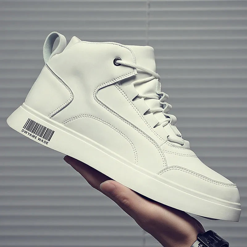 Men's white mid-top lace-up casual shoes with a round toe and rubber sole on a neutral background.