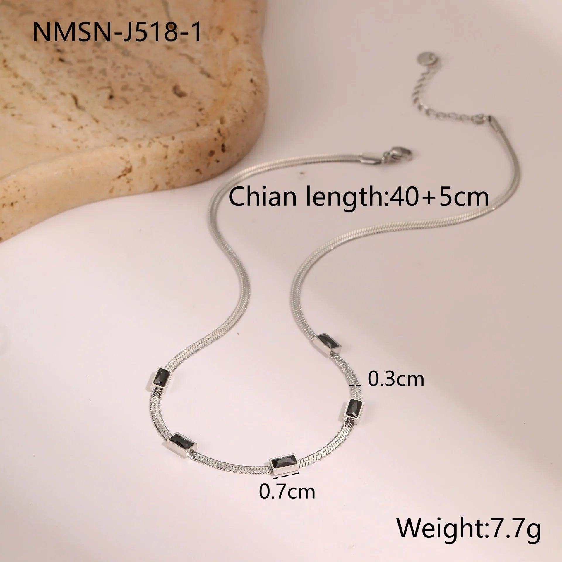 Geometric square zircon stainless steel necklace with flat snake chain and 18K electroplated finish