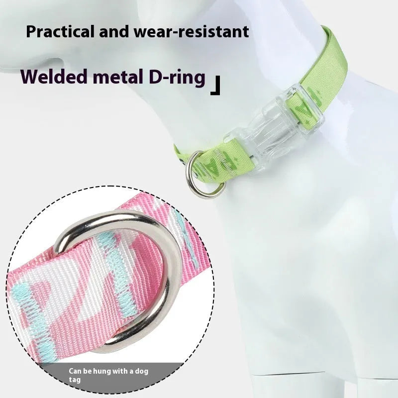 Adjustable nylon dog collar with colourful cartoon gradient print in Panda Green.