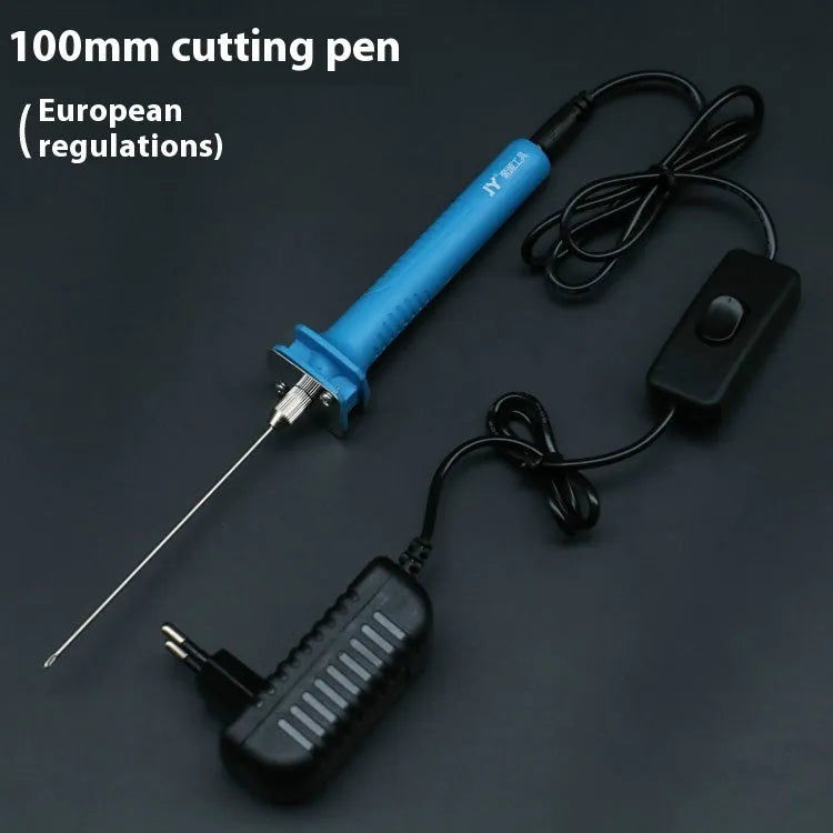 Blue electric heating foam cutter pen with plastic handle and adapter.