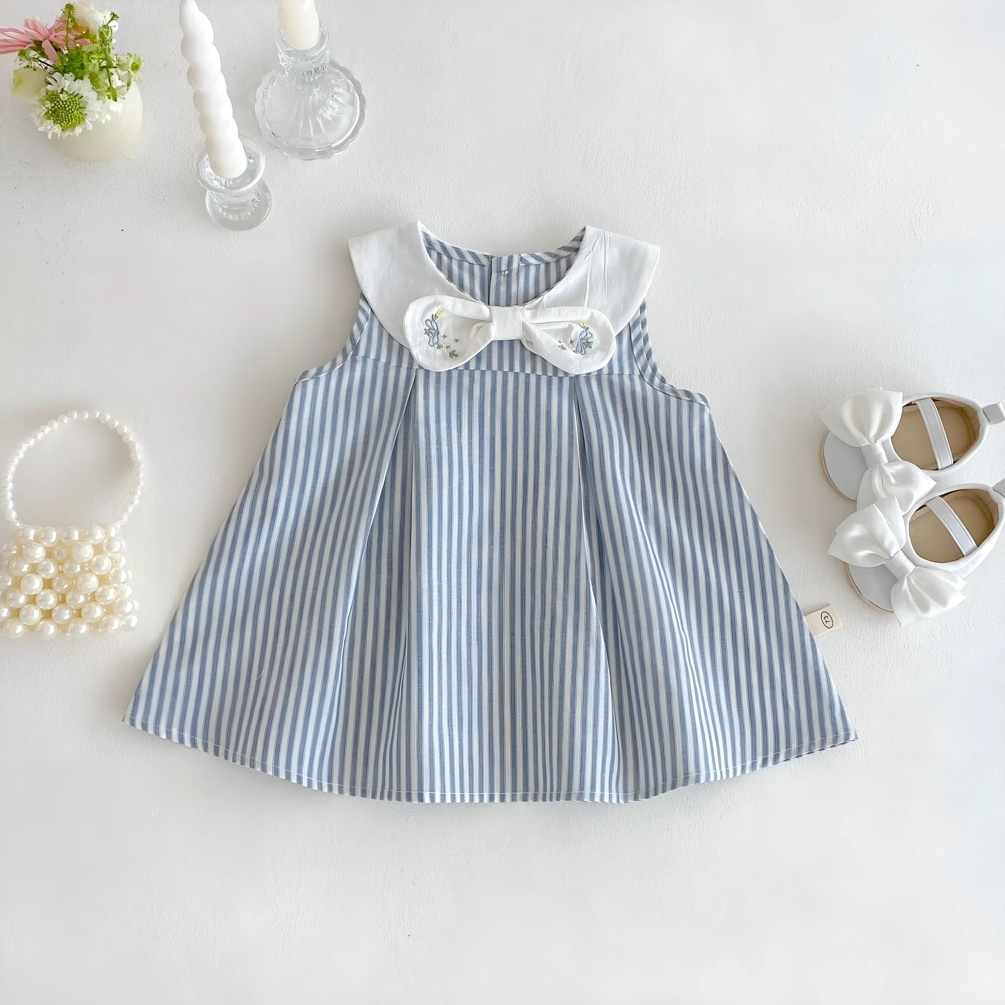 Soft fog blue cotton vest dress with bowknot embroidery for baby girls aged 73-120cm