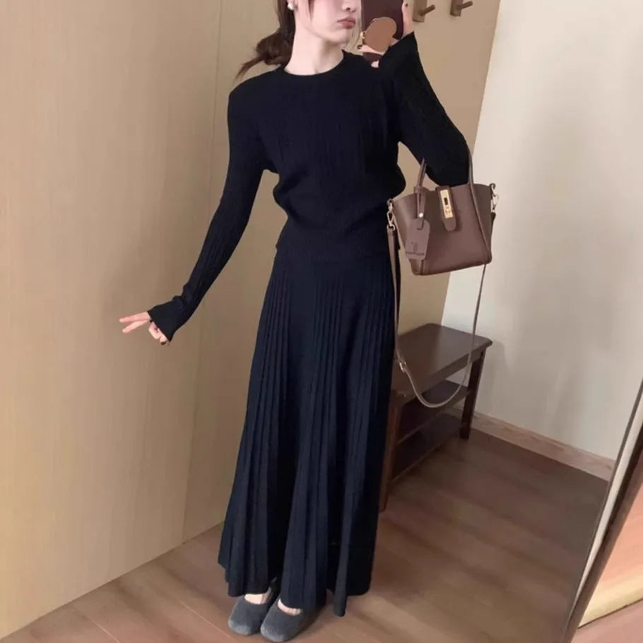Dark grey artistic retro knitted dress suit with 3D pattern, sweater and skirt set.