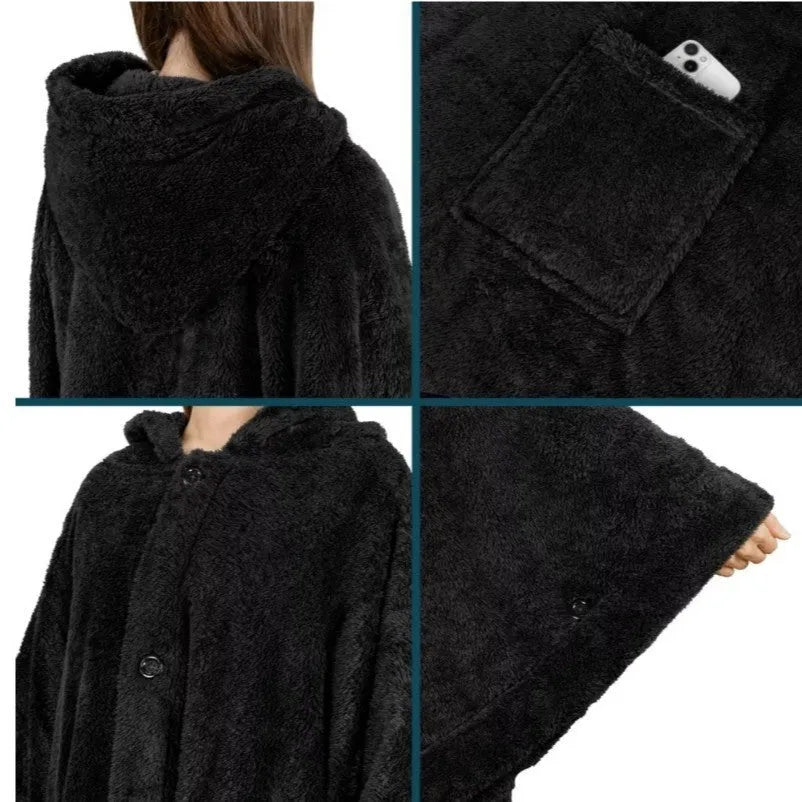 Thickened hooded cloak bathrobe in polyester fabric shown in three colour options: black, dark grey and pink