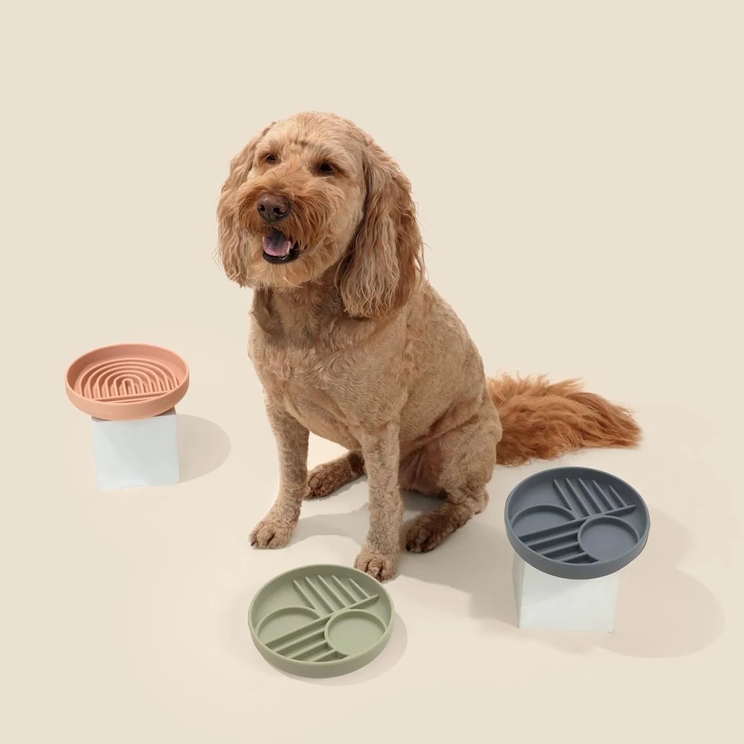Slowdown Bowl silicone dog slow feeder with ridges, shown in beige colour.