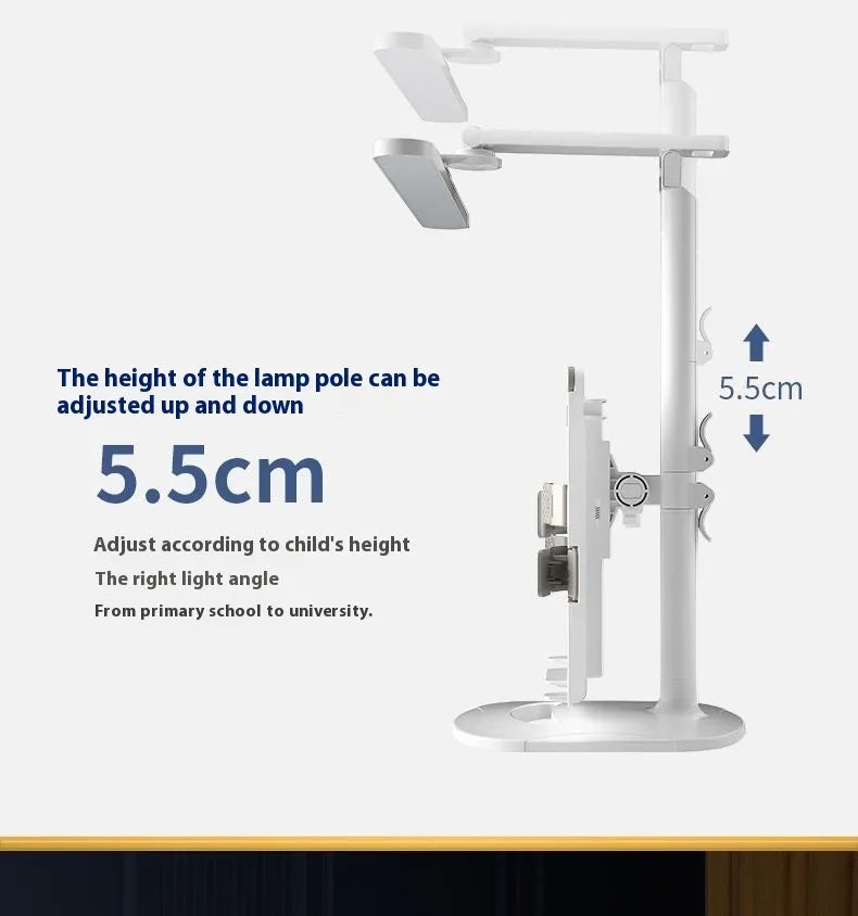 Adjustable desk lamp with integrated bookshelf showing three light colour settings and a charging cable.