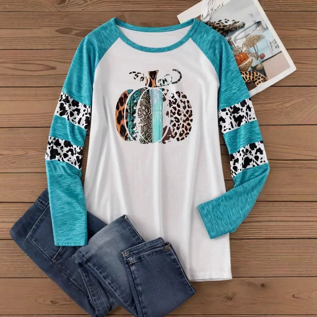 Sky blue Halloween T-shirt with 3D pumpkin print in Japanese Korean casual style