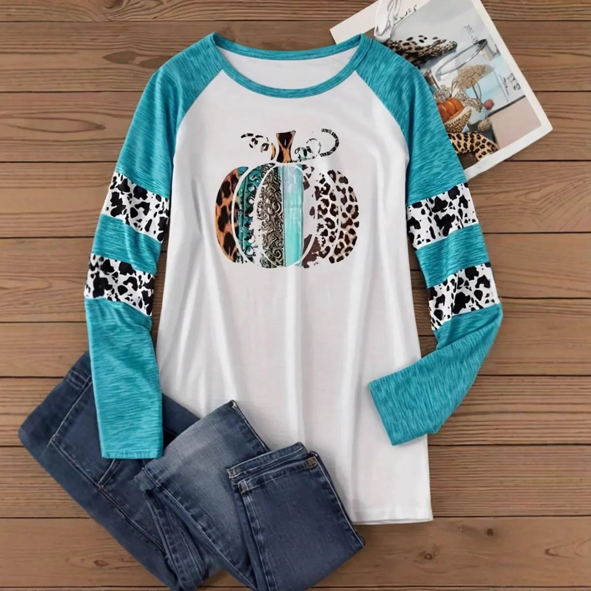 Sky blue Halloween T-shirt with 3D pumpkin print in Japanese Korean casual style