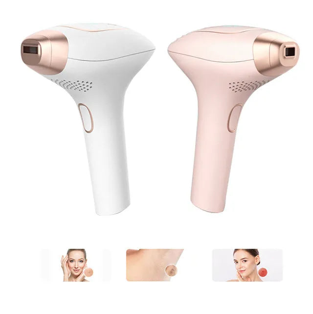 Pink and white three-in-one laser hair removal device with ice-sensing technology and complete accessory kit