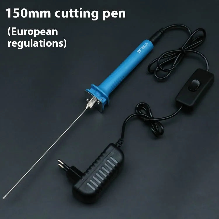Blue electric heating foam cutter pen with plastic handle and adapter.