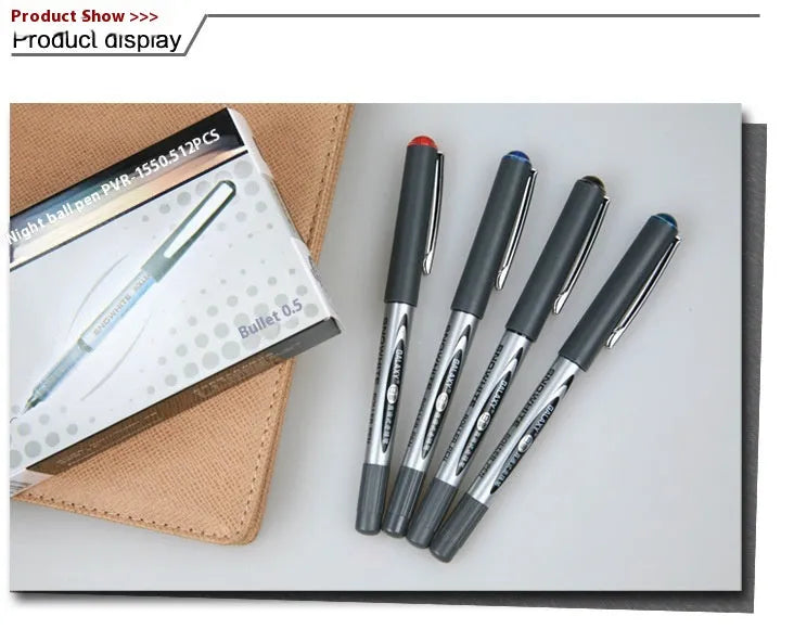 Water-based quick-drying signature pen with 0.5mm tip in multiple colours packaged in 12-pen box.