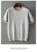 Men's grey pure wool short sleeve pullover sweater with round neck on a hanger.