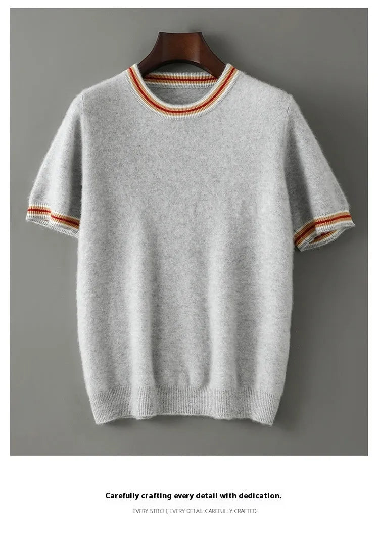 Men's grey pure wool short sleeve pullover sweater with round neck on a hanger.