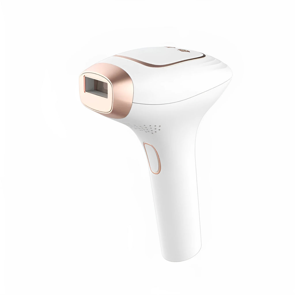 Pink and white three-in-one laser hair removal device with ice-sensing technology and complete accessory kit