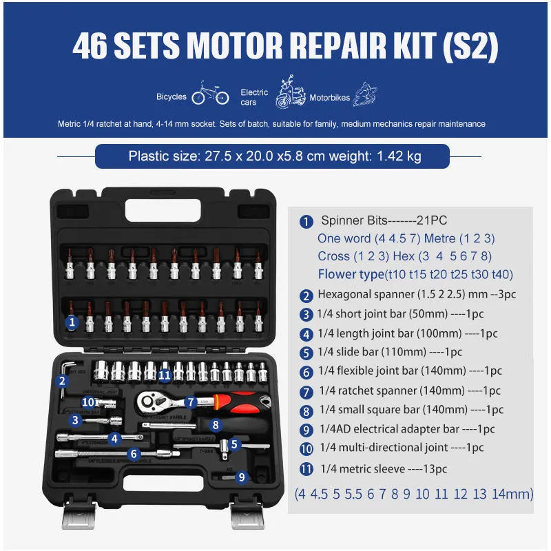 Cr-V steel socket ratchet wrench set with nickel plating in a tool case