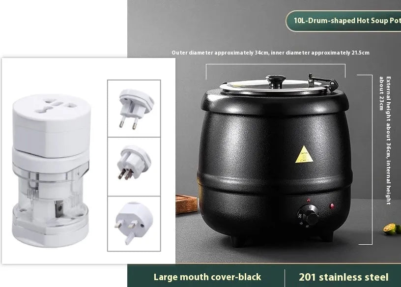 Black stainless steel 10-litre insulation pot with large cover for heat preservation.