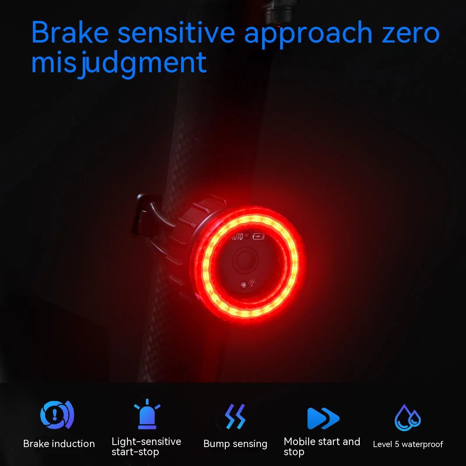 Black intelligent induction brake taillight for bicycles with aluminium alloy construction and mounting bracket